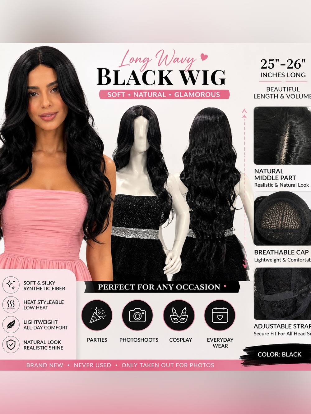 Black Long Wavy Synthetic Wig 25”-26” Middle Part Heat Styleable Glam Hair
